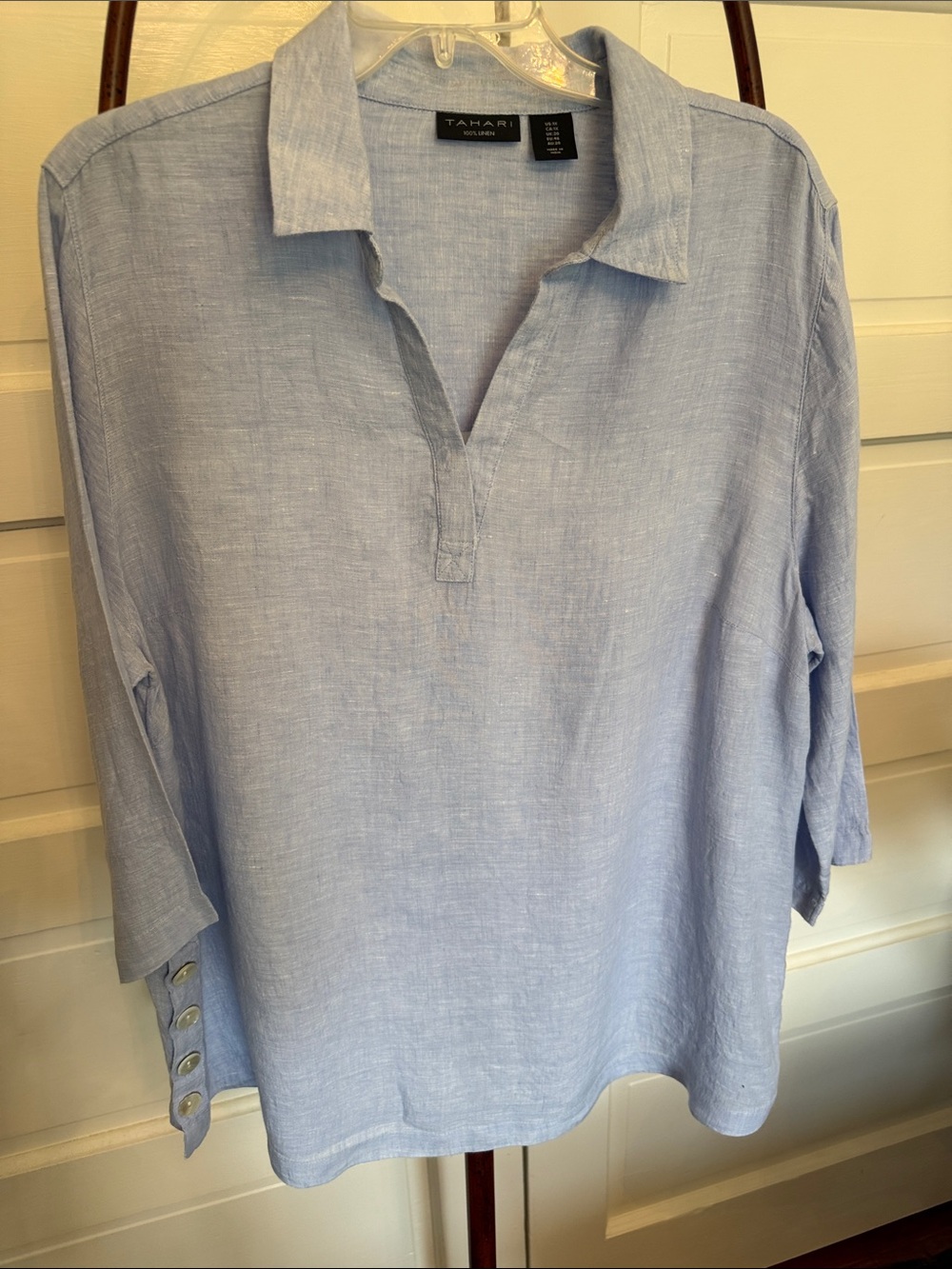 Tahari 100% Linen Blue Popover Blouse 1X Shell Button Sleeves